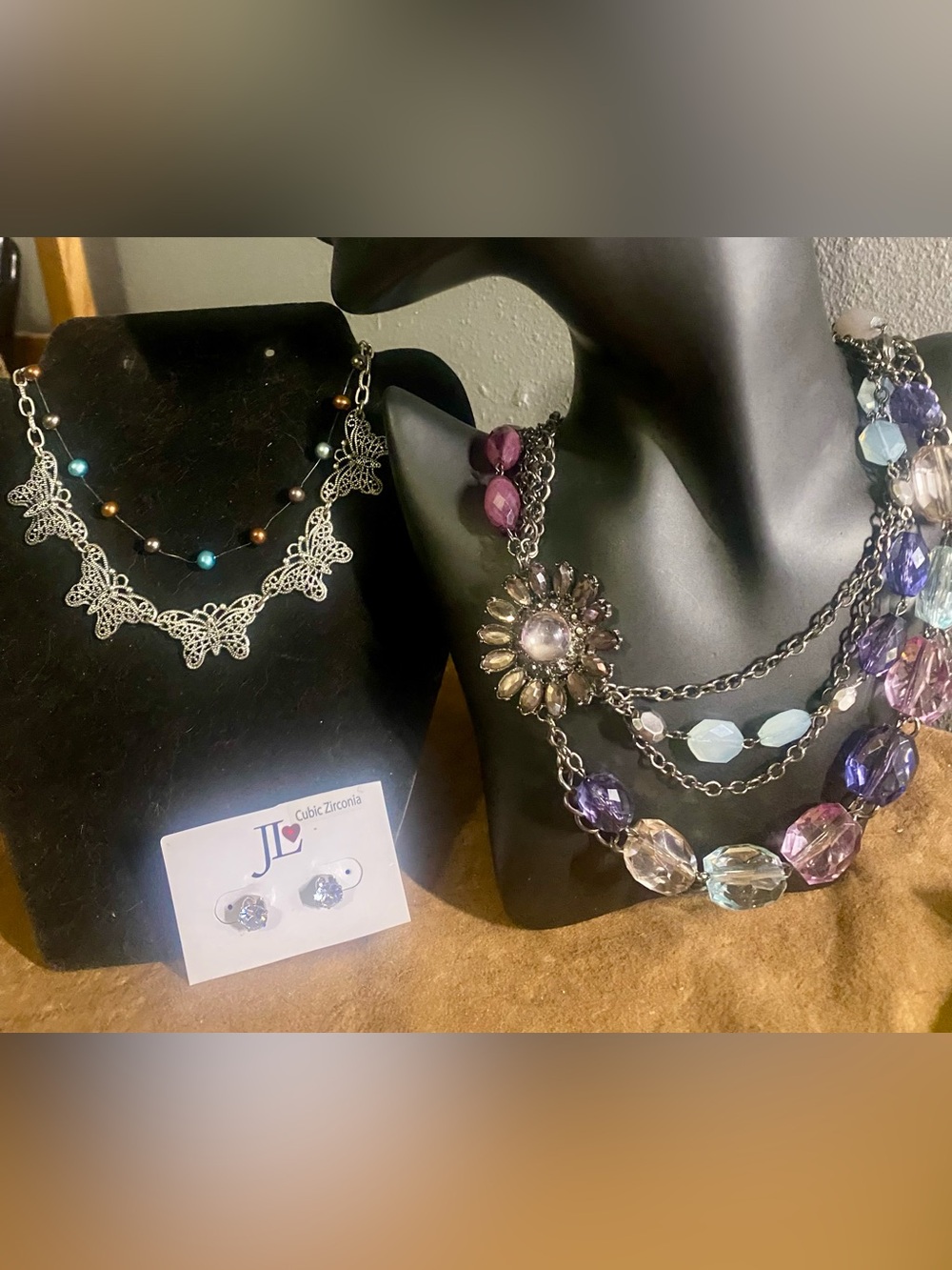 Multi-Strand Purple & Clear Crystal, Pearl Illusion, Silver Butterfly Necklaces